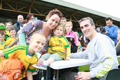 Jim McGuinness with Diane Gallagher, Connor and Abbigal McCahill at the fan day in Ballybofey.  Photo Brian McDaid