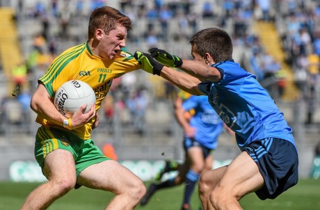 Lorcan Connor, Donegal minors, in action against Eoin Murchan, Dublin.