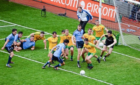 A goalmouth scramble near the end of the game is cleared by Donegal.