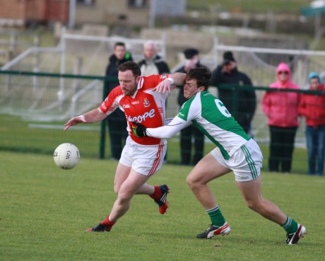 Adrian Sweeney in action for Dungloe in the game against Gweedore's Shaun Sharkey. Photo Brian McDaid