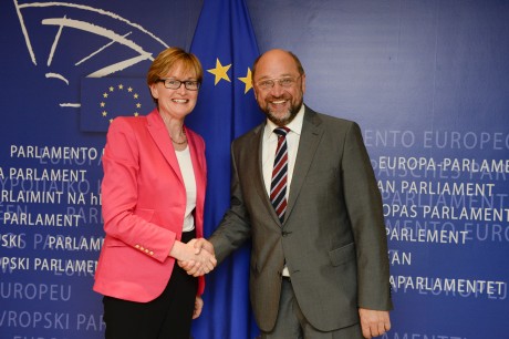 The President of the European Parliament, Martin Schulz congratulates Mairead McGuinness. 