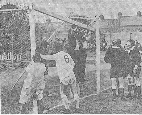 Repairs to the crossbar at Oriel Park in 1974