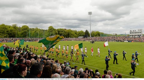 Donegal and Tyrone in the pre-match parade at Sean MacCumhaill Park in May 2013 