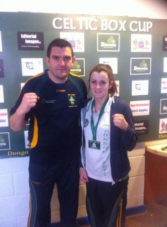 Donna Barr fights in the Intermediate final on Saturday. She is pictured here with Shane McHugh, Twin Towns club coach