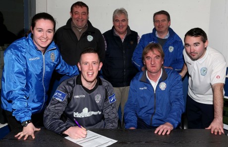 Pictured signing on his return to Finn Park is  goalkeeper Ciaran Gallagher. Included are Chantelle Grant, Ollie Horgan, Shane Elliott, John Campbell, James Rodgers and Aidan Campbell. Photos: Gary Foy