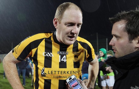 Man of the Match John Haran speaks to Chris McNulty after Sunday's game.