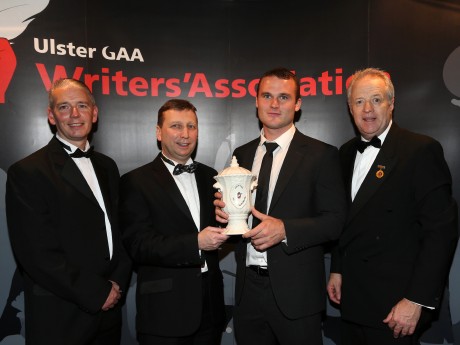 Ulster GAA Writers' Association Footballer of the Year Neil McGee receives his award from Managing Director of Belleek Pottery John Maguire while looking on are Ulster GAA Writers' Association chairman John Martin (left) and Ulster GAA president Martin McAvinney.  Photo: John McIlwaine