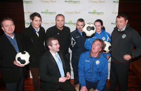 Finn Harps manager Ollie Horgan pictured with Brendan Maxwell from Mc Gettigan's Bar, Letterkenny, as they sign up as team sponsors for the coming season, Included from left, Aidan Campbell, Ciaran Mc Laughlin, Michael Mc Brearty, Mc Gettigans (Group Area Manager), Shane Elliott Chantelle Grant and John Campbell. Photo: Brian McDaid.