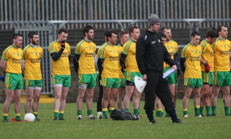 Members of the Donegal team before Sunday's Dr. McKenna Cup game against Queen's University Belfast in MacCumhaill Park.
