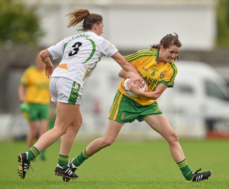 Katy Herron, Donegal, in action against Aisling Leonard, Kerry.