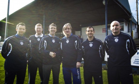 New Finn Harps U17 manager Declan Boyle is welcomed by the Harps management team James Gallagher, William O’Conner, Ollie Horgan, Niall McGonagle and Trevor Scanlon.  Photo by Ciaran McLochlainn.