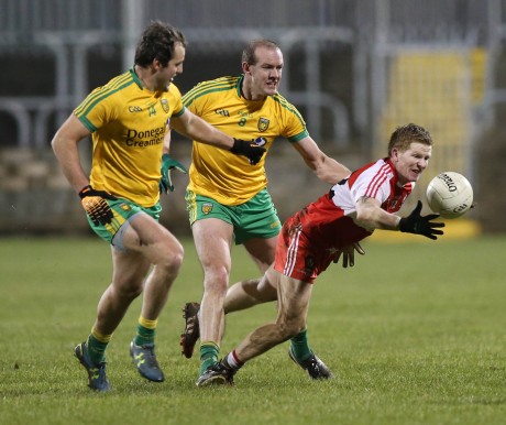 Michael Murphy and Neil Gallagher put the pressure on Derry on Saturday night. Photo: Declan Doherty