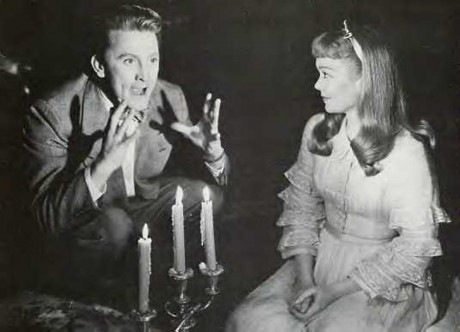 A screenshot of Kirk Douglas and Jane Wyman in the movie adaptation of The Glass Menagerie (1950).