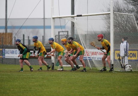 Donegal players defend the goal against a Mayo free at O'Donnell Park on Sunday. Photo: Declan Doherty