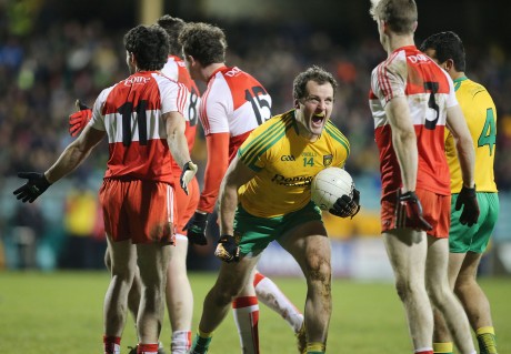 Michael Murphy takes a deep breath following a tussle with members of the Derry team in MacCumhaill Park on Saturday night. Picture: Declan Doherty