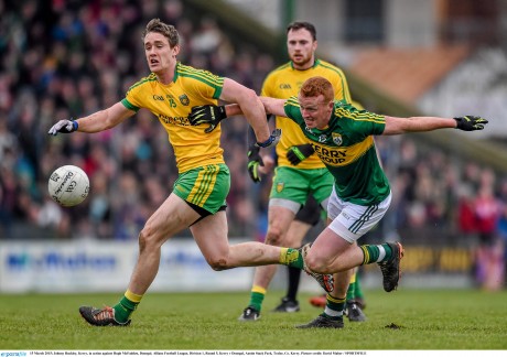 Donegal's Hugh McFadden in action against Kerry's Johnny Buckley. Photo: David Maher/Sportsfile