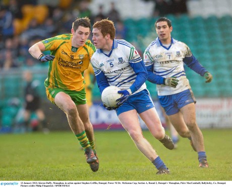 Stephen Griffin challenges Monaghan's Kieran Duffy in the 2013 Dr McKenna Cup - the St Naul's man's last game for Donegal before he returned to make a vital contribution in Castlebar on Sunday.