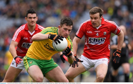 Patrick McBrearty, Donegal, in action against James Loughrey, Cork.  Photo: Ray McManus / SPORTSFILE
