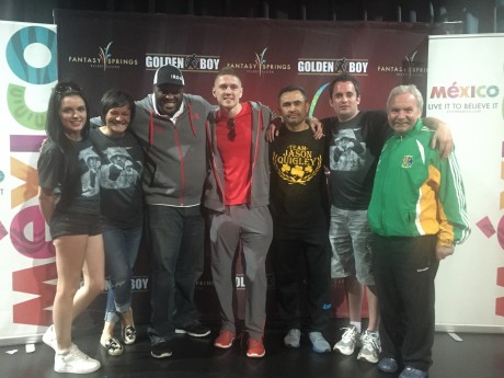 Jason Quigley (centre) pictured at the weigh in with, from left: his girlfriend April McManus; Rachel Charles of Sheer Sports Management; coach Courage Tshabalala; coach Manny Robles; Donegal News Sports Writer Chris McNulty; and Donegal Boxing Board President Peter O'Donnell.
