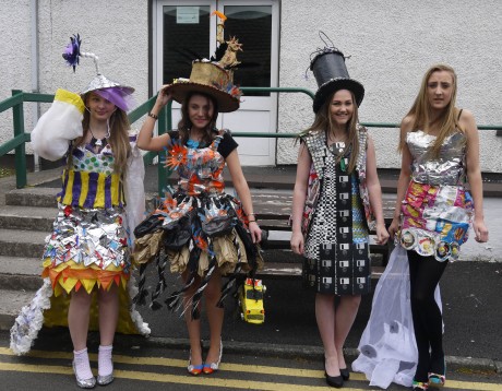 Art students from St. Columba's College, Stranorlar, modelling their fashion garments made from recyclable materials. They took part in the Trash 'N' Fashion competition at the Northwest Garden Show.   