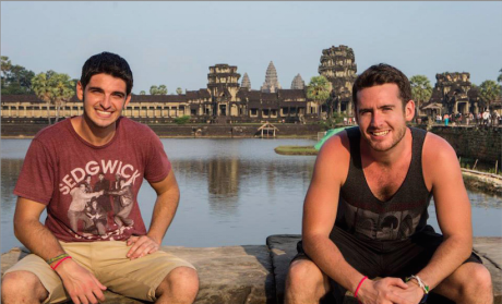 Paul (right) with fellow digital nomad Tim Petch outside Angkor Wat, Cambodia, one of the world wonders.