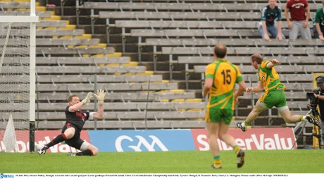 Dermot Molloy, Donegal, scores his side's second goal in the 2011 semi-final against Tyrone.