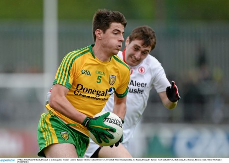 Daire Ó Baoill, in action here against Tyrone, is a doubt for Sunday's game in Armagh.