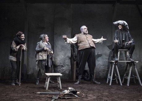 Charlotte McCurry (Blunt), Clare Barrett (Bradolph), Rory Noal (Falstaff) and Aisling O'Sullivan (Henry V) in DruidShakespeare. Photo by Matthew Thompson.