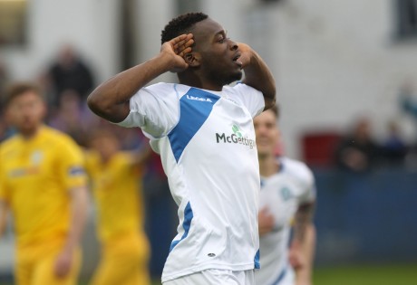 Wilifred Tagbo celebrates scoring Finn Harps second goal against Waterford United. Photo: Donna El Assaad