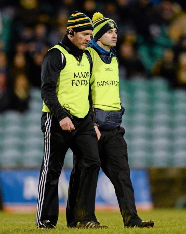 31 January 2015: Rory Gallagher, Donegal, right, along with Jack Cooney, selector. Allianz Football League Division 1, Round 1, Donegal v Derry. MacCumhail Park, Ballybofey, Co. Donegal Picture credit: Oliver McVeigh / SPORTSFILE