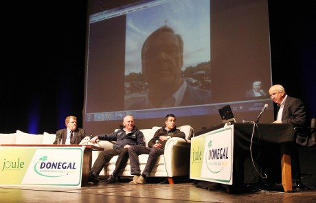 Damien Crawford, Brian Brogan, Chairman, Donegal Motor Club, Ian Barrett, Joule - Main sponsor of the 2015 Donegal International Rally and Charlie Collins, compere with Rally ledgend Ari Vertanan on Skype from Paris. Photo: Donna El Assaad