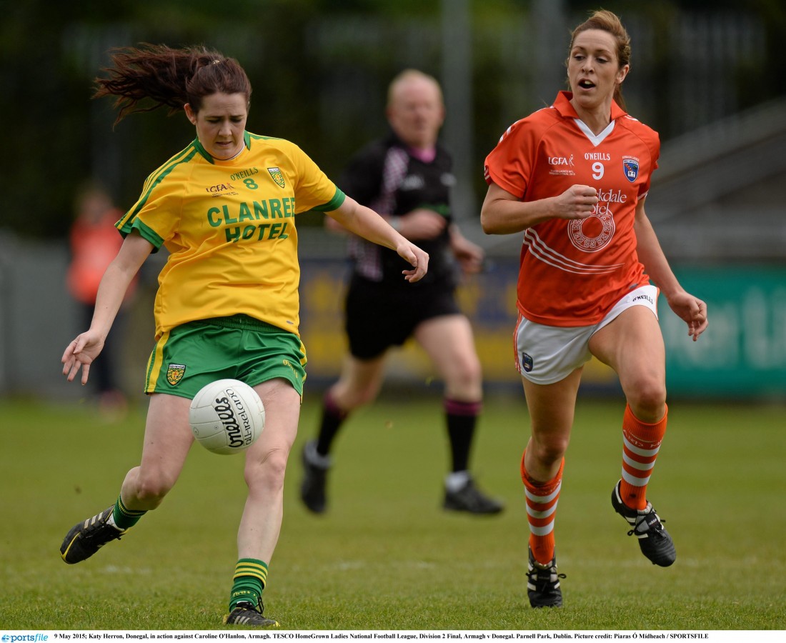 Donegal captain Katy Herron in action against Caroline O'Hanlon, Armagh, in the TESCO HomeGrown Ladies National Football League, Division 2 Final in May