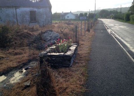 A well maintained flower bed outside Ballybofey surrounded by dead grass following recent spraying.