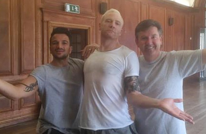 Daniel in rehearsals with fellow contestants, singer and TV personality Peter Andre and former Olympic athlete Iwan Thomas.