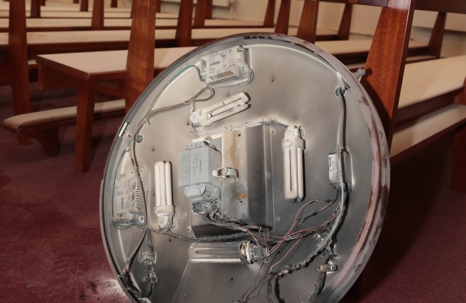 The ceiling light which exploded in St. Columba's Church, Termon.