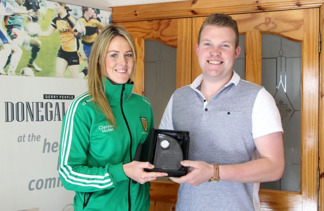 Donegal ladies GAA player Yvonne McMonagle is presented with the July Sports Personality award by Donegal News Sports Journalist Ryan Ferry.