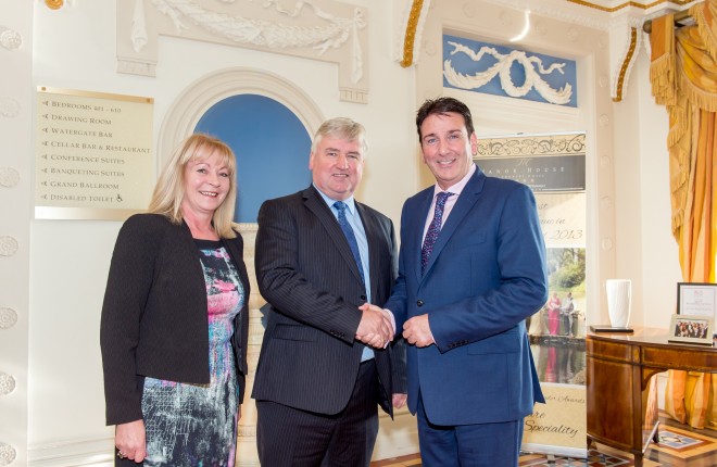 Pictured in the foyer of the Manor House Hotel, are proprietors, Mary and Liam McKenna, as they welcome their new General Manager, Eamonn Gillespie (right), to his new post.*