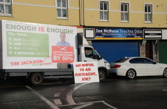 Tim Jackson and his lorry parked outside Deputy Joe McHugh's office in Letterkenny.