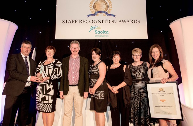 Staff at Letterkenny University Hospital received an award at the recent Saolta University Health Care Group Staff Recognition Awards.  Pictured above are,L:R – Maurice Power, CEO, Saolta University Health Care Group; Siobhan Kelly, Clinical Nurse Manager 2; Dr Paul O Connor, Consultant Anaesthetist; Theresa Mellett, Clinical Nurse Manager 2; Carolanne Boyle, Clinical Nurse Manager 2; Jean Kelly, Group Director of Nursing and Maeve McGinley, Physiotherapist.
