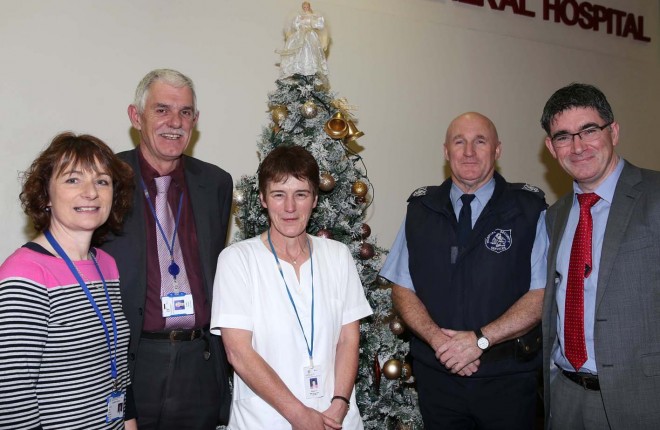 Working over Christmas at Letterkenny General Hospital are, Helen McCloskey, Liam Price, Bridget McLaughlin, Brian Marley and Henry McKinney.