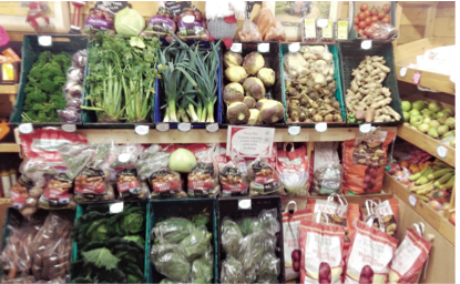 A selection of homegrown vegetables available in the farm shop.