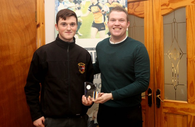 Niall O'Donnell, St Eunans' Minor player is presented with the December - Donegal News Sports Personality Award by Sports Reporter Ryan Ferry.