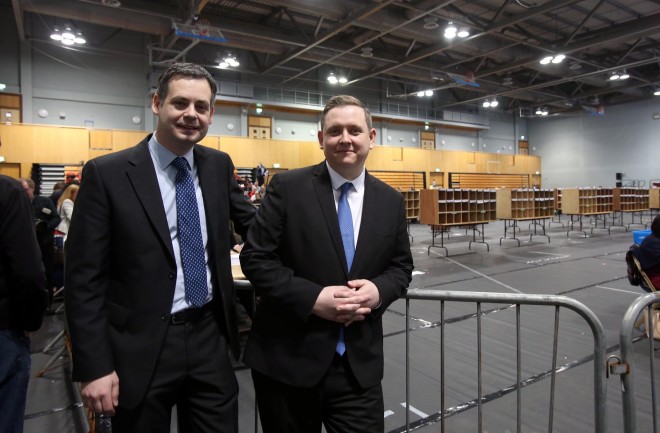 Sinn Fein's Pearse Doherty and Gary Doherty in the Count Centre, Letterkenny. Photo: Donna El Assaad