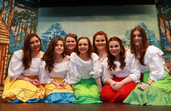 Member of the chorus pictured on stage in rehearsal for the forthcoming Pantomime Humpty Dumpty in Ramelton, included are Reina Bolton, Catherine Mc Fadden, Erica Duffy, Annie Mills, Fiona Boyce,  Louise Duffy and Eva Huarte. Photo Brian McDaid