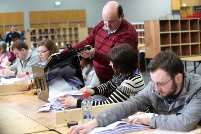 Ballot Box being emptied in the Aura, Letterkenny Count Centre on Saturday morning. Photo: Donna El Assaad