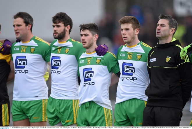 Donegal manager Rory Gallagher, right, stands for the national anthem with his team, including from left, Michael Murphy, Odhrán McNiallais, Ryan McHugh, and Eoghan Gallagher.. Allianz Football League, Division 1, Round 4, Kerry v Donegal. Austin Stack Park, Tralee, Co. Kerry. Picture credit: Brendan Moran / SPORTSFILE