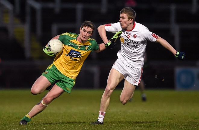 30 March 2016; Ciaran Thompson, Donegal, in action against Ben O'Donnell, Tyrone. EirGrid Ulster GAA Football U21 Championship, Semi-Final, Tyrone v Donegal, Celtic Park, Derry. Picture credit: Oliver McVeigh / SPORTSFILE