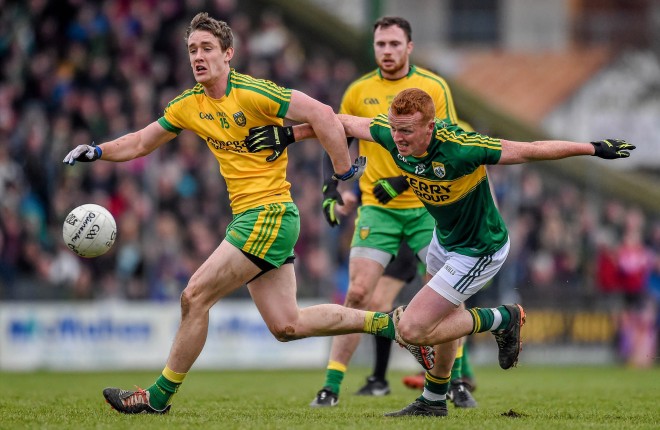 Johnny Buckley, Kerry, in action against Hugh McFadden, Donegal in last year's league meeting. Picture credit: David Maher / SPORTSFILE