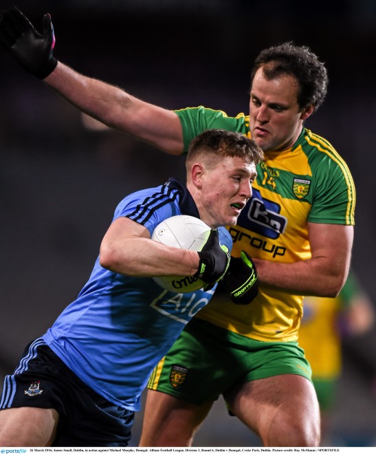 James Small, Dublin, in action against Michael Murphy, Donegal. Allianz Football League, Division 1, Round 6, Dublin v Donegal, Croke Park, Dublin. Picture credit: Ray McManus / SPORTSFILE