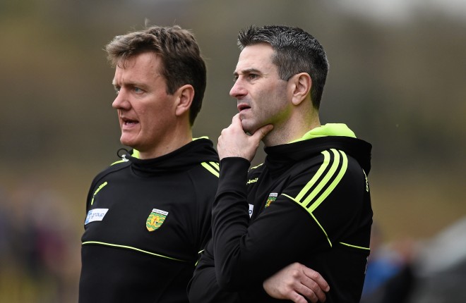 13 March 2016; Donegal manager Rory Gallagher, right, with selector Jack Cooney. Allianz Football League, Division 1, Round 5, Donegal v Roscommon. O'Donnell Park, Letterkenny, Co. Donegal. Picture credit: Oliver McVeigh / SPORTSFILE